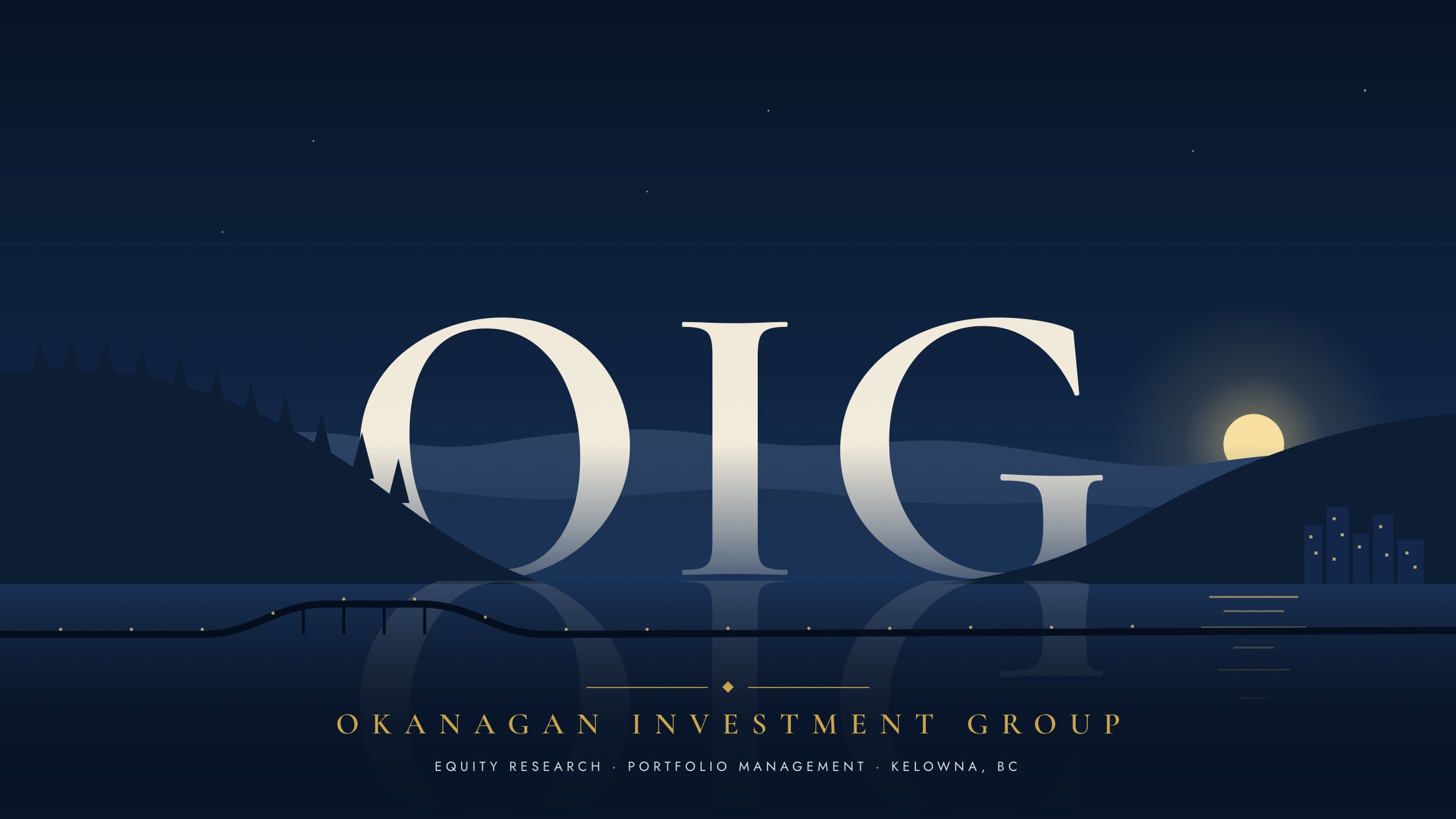 Illustrated night view of Kelowna and Okanagan Lake with the bridge, hills and a rising moon behind large OIG lettering, above the words Okanagan Investment Group: Equity Research, Portfolio Management, Kelowna, BC.